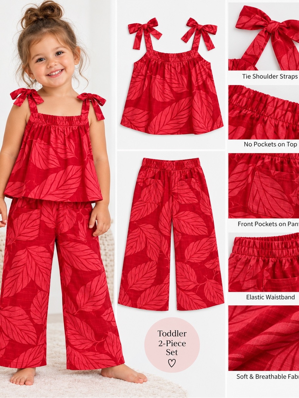 Cat & Jack Red Leaf-Print Toddler Tie-Shoulder Pajama Set